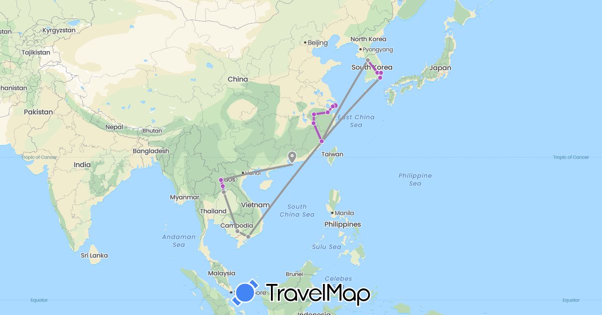 TravelMap itinerary: driving, plane, train in China, Cambodia, South Korea, Laos, Vietnam (Asia)